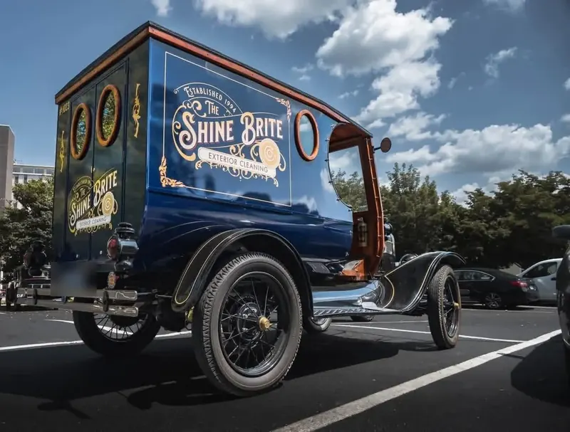The Shine Brite Model T work truck with its gold Exterior Cleaning lettering